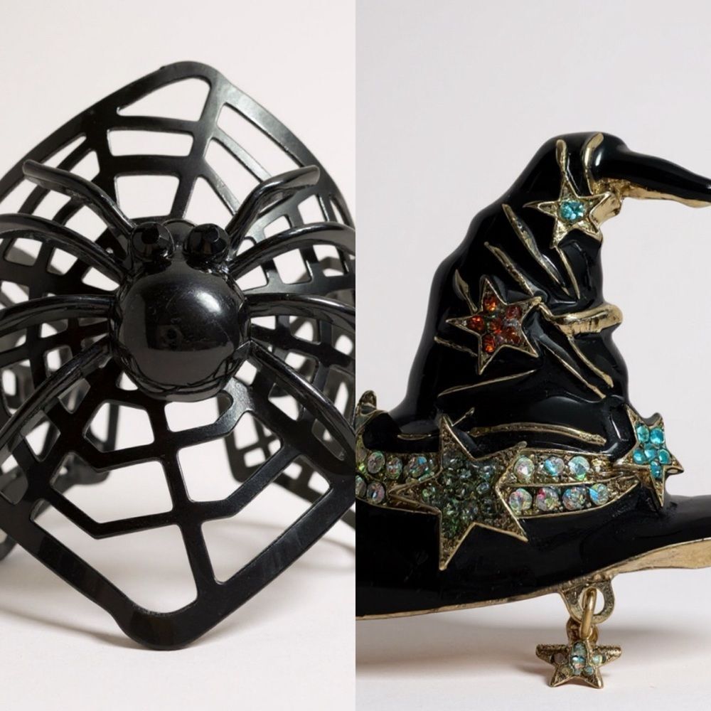Halloween Jewelry Bundle Witch Hat Rhinestone Brooch & Spider Web Cuff